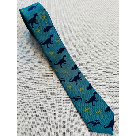 Lands End Teal Dinosaur Palm Tree Silk Polyester Blend Necktie Palenontologist - Picture 2 of 3